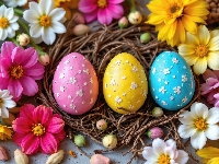 Kolorowe, Trzy, Wielkanoc, Pisanki, Kwiaty, Gniazdko