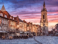 Plac, Wieczór, Domy, Miasto, Tournai, Belfry of Tournai, Belgia, Dzwonnica