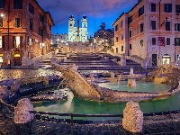 Fontana della Barcaccia, Włochy, Schody Hiszpańskie, Światła, Plac Piazza di Spagna - Plac Hiszpański, Rzym, Noc