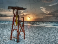 Plaża, Meksyk, Ratownika, Zachód słońca, Krzesło, Cancún, Morze Karaibskie