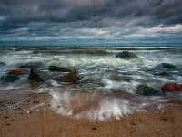 Plaża, Chmury, Morze, Kamienie, Fale