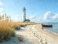 Latarnia morska, Morze, Plaża, Trawa, Łódka