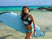 Skały, Brunetka, Dziewczyna, Plaża, Surfing, Morze