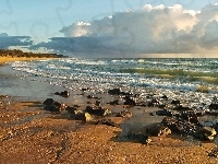 Plaża, Kamienie, Niebo, Morze, Fale