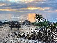 Ławeczka, Słońca, Morze, Plaża, Promienie
