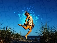 Plaża, Kobieta, Sukienka, Trawy