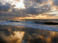 Plaża, Morze, Chmury, Zachód Słońca