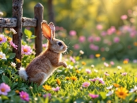 Kwiaty, Królik, Łąka, Płot