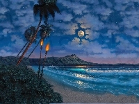 Pochodnie, Księżyc, Plaża, Palmy, Morze
