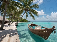 Domy, Morze, Łódka, Podest, Malediwy, Palmy