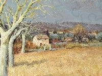 Pola, Drzewa, Malarstwo, Obraz, Domy