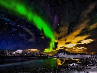 Norwegia, Góry, Zorza Polarna, Noc, Jezioro