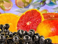 Owoce, Pomarańcz, Grejpfrut, Grafika, Winogrona