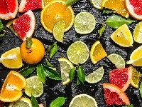 Cytrusy, Pomarańcze, Plasterki, Mandarynki, Owoce, Limonki, Kawałki