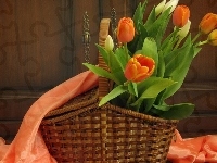 Pomarańczowe, Atłas, Wiklinowy, Kosz, Tulipany