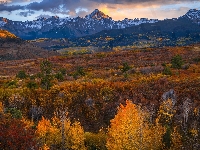 Drzewa, Góry, Chmury, Kolorado, Jesień, Przełęcz, Pomarańczowo-brązowe, Las, San Juan Mountains, Dallas Divide, Stany Zjednoczone