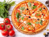 Pizza, Pomidory, Deska, Bazylia, Oliwki