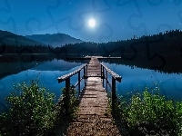 Pomost, Księżyc, Jezioro, Góry, Noc