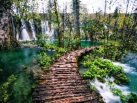 Wodospad, Pomost, Jezioro, Chorwacja, Plitvice
