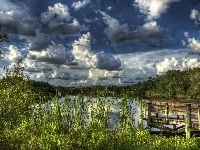 Pomost, Zachmurzone, HDR, Jezioro, Niebo, Roślinność