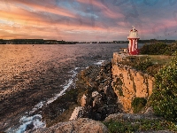Poranek, Australia, Kamienie, Skały, Latarnia morska, Drzewa, Morze, Hornby Lighthouse
