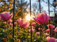 Ogrodzenie, Różowe, Kwiaty, Poranek