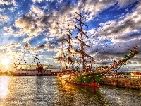 Port, Statki, Żaglowiec, Chmury