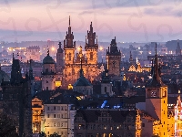 Oświetlone, Miasto, Wieża, Wieczór, Czechy, Kopuła, Domy, Praga