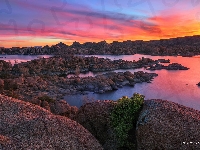 Prescott, Wschód słońca, Watson Lake, Stany Zjednoczone, Jezioro, Skały, Arizona