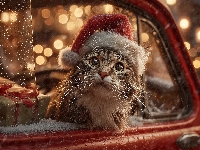 Okno, Kot, Samochód, Grafika AI, Mikołaja, Czapla, Prezent