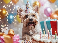 Prezenty, Urodziny, Świeczki, Yorkshire terrier, Czapeczka, Tort, Pies, Balony