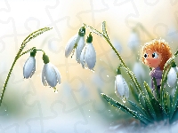 Dziewczynka, Przebiśniegi, Kwiaty, Grafika AI