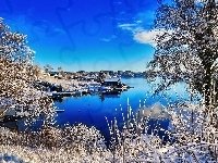 Przystań, Zima, Jezioro, Żaglówki, Drzewa