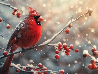 Czerwone, Kardynał szkarłatny, Ptak, Ośnieżone, Owoce, Gałązki