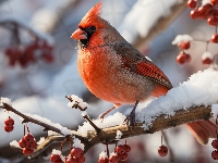 Czerwone, Kardynał szkarłatny, Ptak, Śnieg, Owoce, Gałązki
