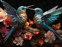 Grafika, Ptaki, Dwa, Kwiaty, Kolibry