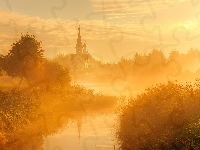 Petersburg, Staw Srednerogatsky, Mgła, Pulkovo Park, Zachód słońca, Rosja, Kościół św. Jerzego Zwycięskiego, Drzewa