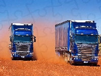 Droga, Ciężarówki, Scania, Pył