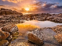 Zachód słońca, Półwysep Przylądkowy, Kamienie, Republika Południowej Afryki, Plaża Boulders Beach, Morze