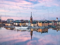 Statek, Sztokholm, Szwecja, Wyspa Riddarholmen, Domy, Zatoka Riddarfjarden