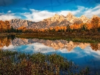 Stan Wyoming, Rzeka Snake River, Roślinność, Góry, Stany Zjednoczone, Park Narodowy Grand Teton, Drzewa
