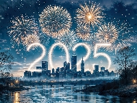 Grafika, Sylwester, Wieżowce, 2025, Miasto, Fajerwerki, Nowy Rok