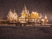 Pałac cara Aleksego Michajłowicza, Padający, Zima, Śnieg, Muzeum, Moskwa, Rosja, Oświetlony, Kolomenskoye