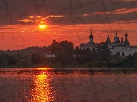 Monaster Terapontowski, Drzewa, Cerkiew, Obwód wołogodzki, Ferapontovo, Zachód słońca, Rosja, Jezioro Borodaevsky