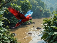 Lot, Rzeka, Ara, Rośliny, Papuga, Fruwająca, Zielone