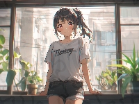 Dziewczyna, Rośliny, Okno, Anime, Parapet