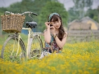 Rower, Dziewczyna, Azjatka, Kwiaty