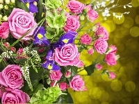 Róże, Kwiaty, Bukiet, Irysy