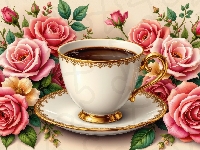 Kawa, Filiżanka, Talerzyk, Róże