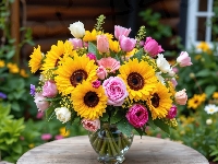 Stolik, Słoneczniki, Kwiaty, Róże, Bukiet, Wazon